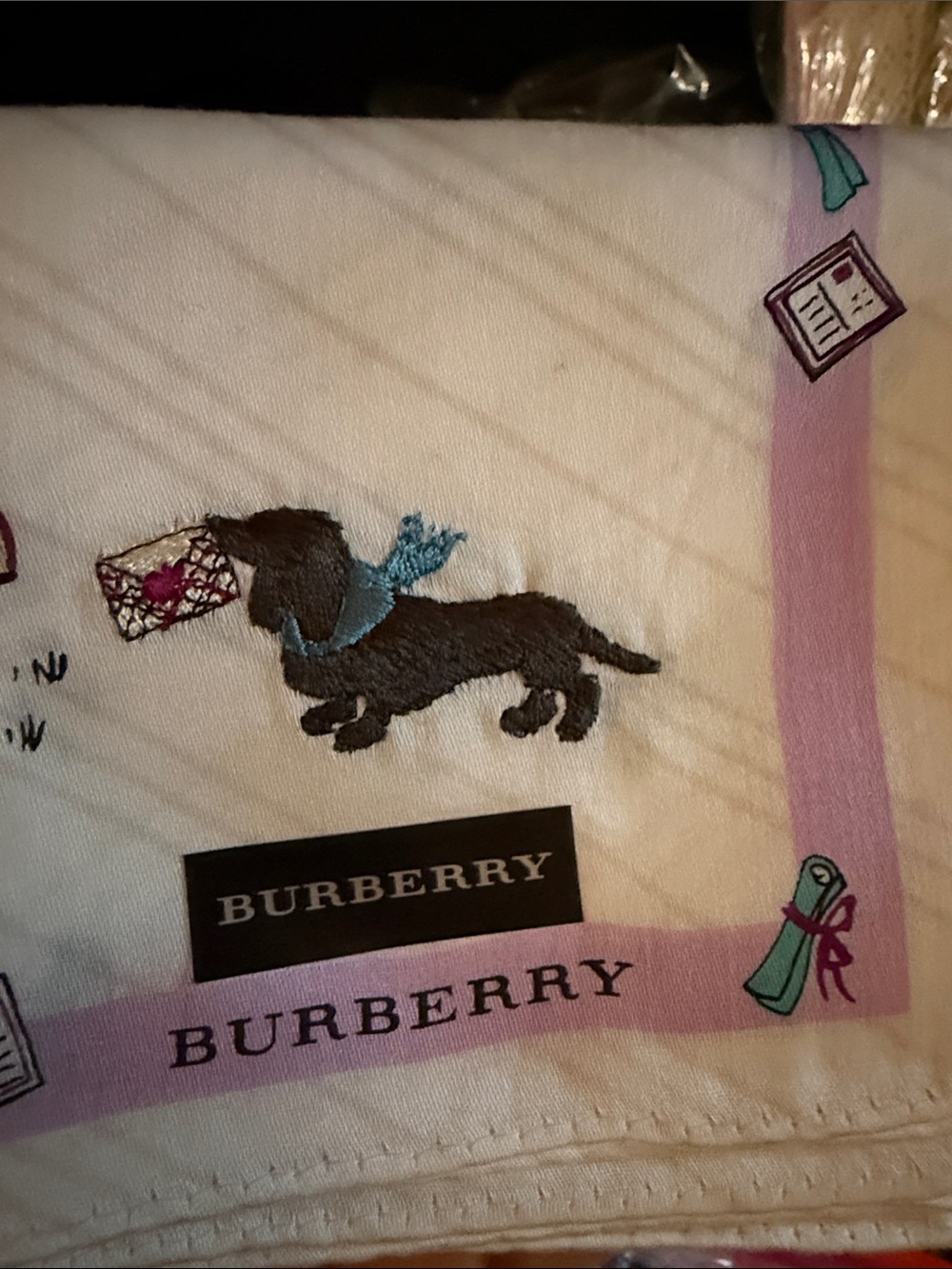 Burberry White and Purple dogs Motif Handkerchief Cotton